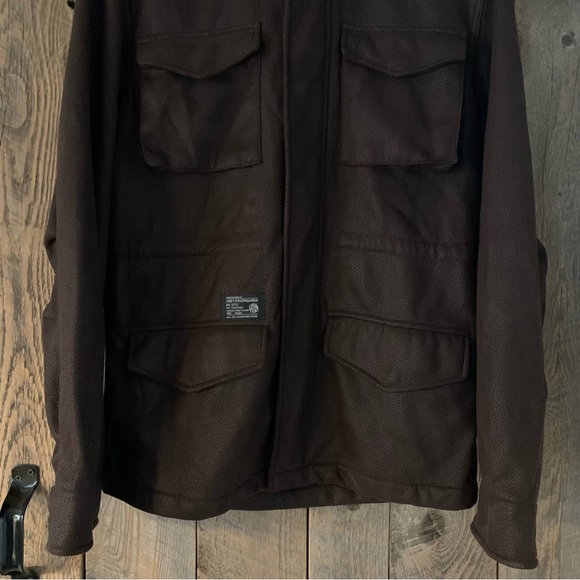Women’s XL OBEY PROPAGANDA MILITARY SPEC Brown Leather Look Cargo Jacket Hood EC - Picture 2 of 16